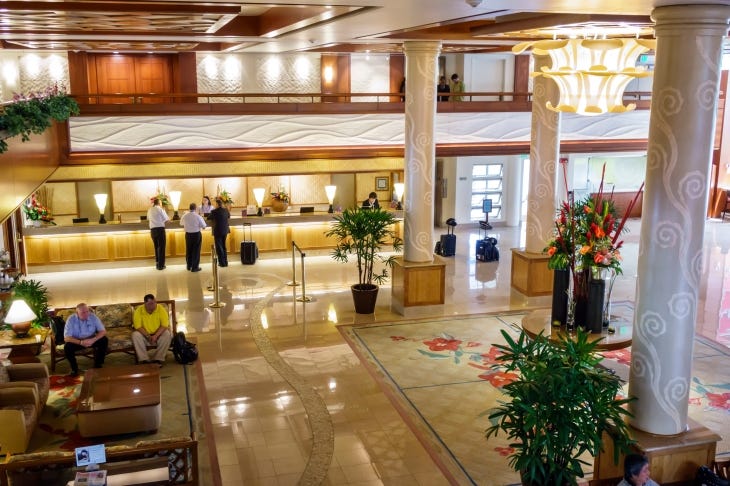 The Hilton hotel lobby at Waikiki Beach.