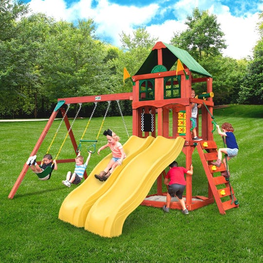 gorilla-playsets-sweetwater-deluxe-wooden-swing-set-with-two-slides-climbing-wall-1