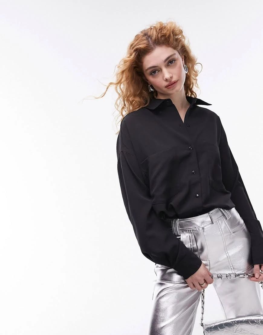 Stylish Womens Button-Up Collared Shirt in Black | Image