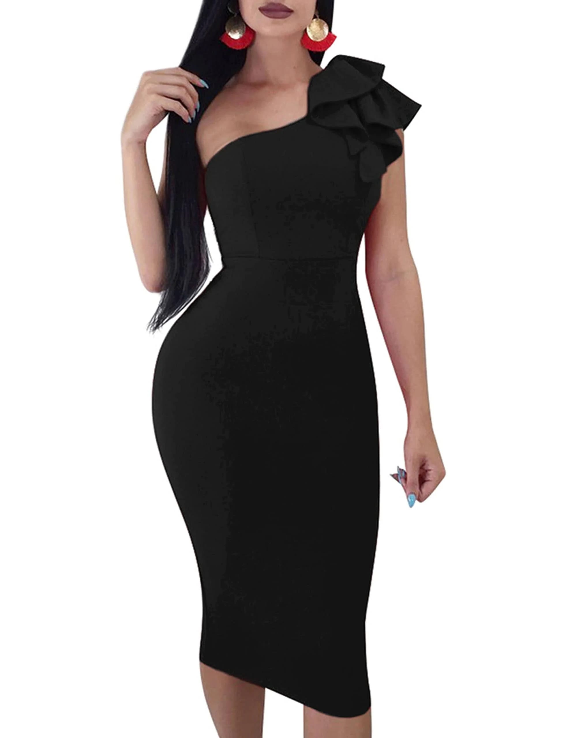 Sensual One-Shoulder Black Midi Dress for Cocktail Parties | Image
