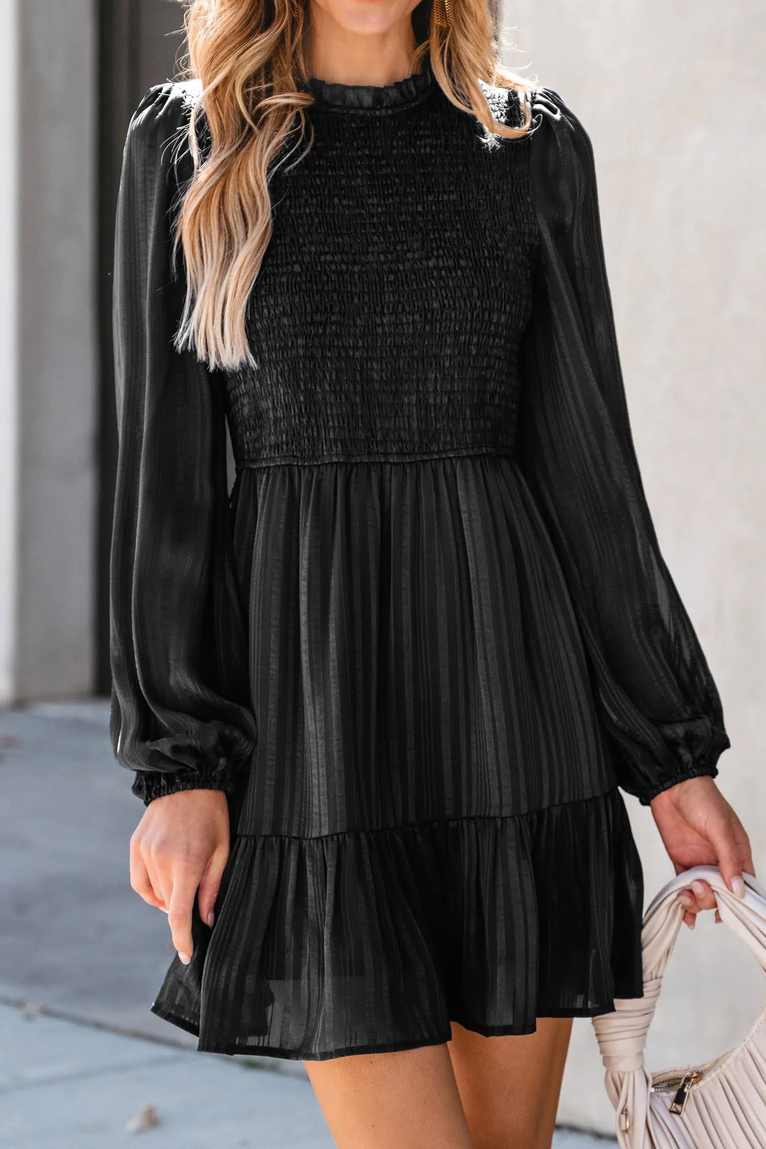 Smocked Bishop Sleeve Tiered Dress - Elegant and Comfortable Black Style | Image