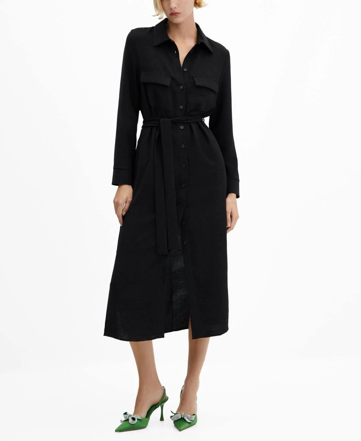 Manga Tie Belt Midi Shirt Dress in Black | Image
