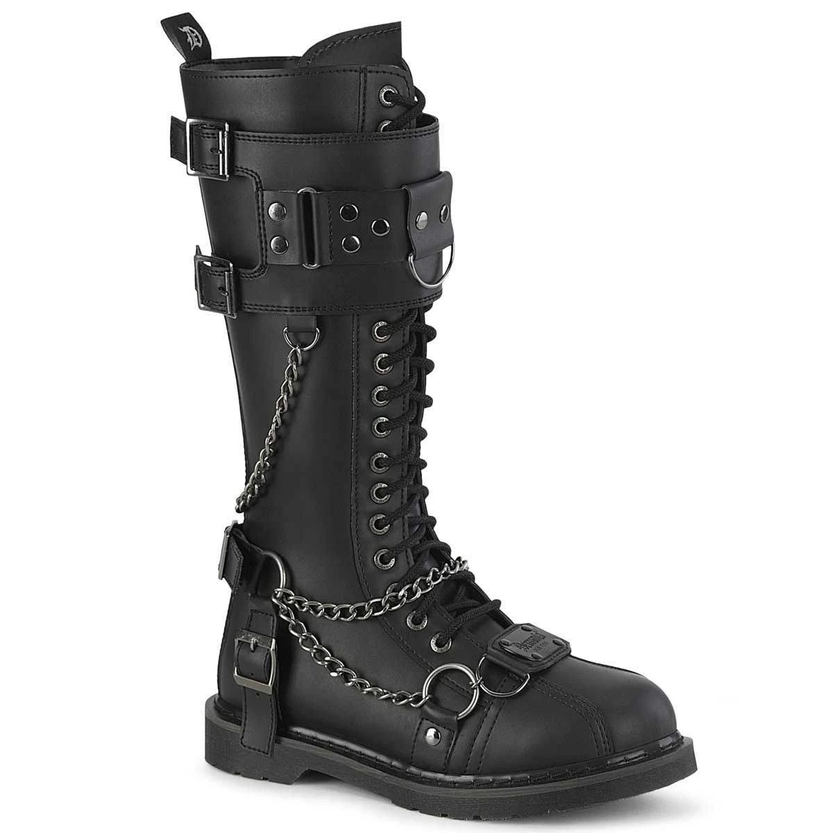 Bolt-415 Studded Black Knee High Combat Boots with Chain Detailing | Image