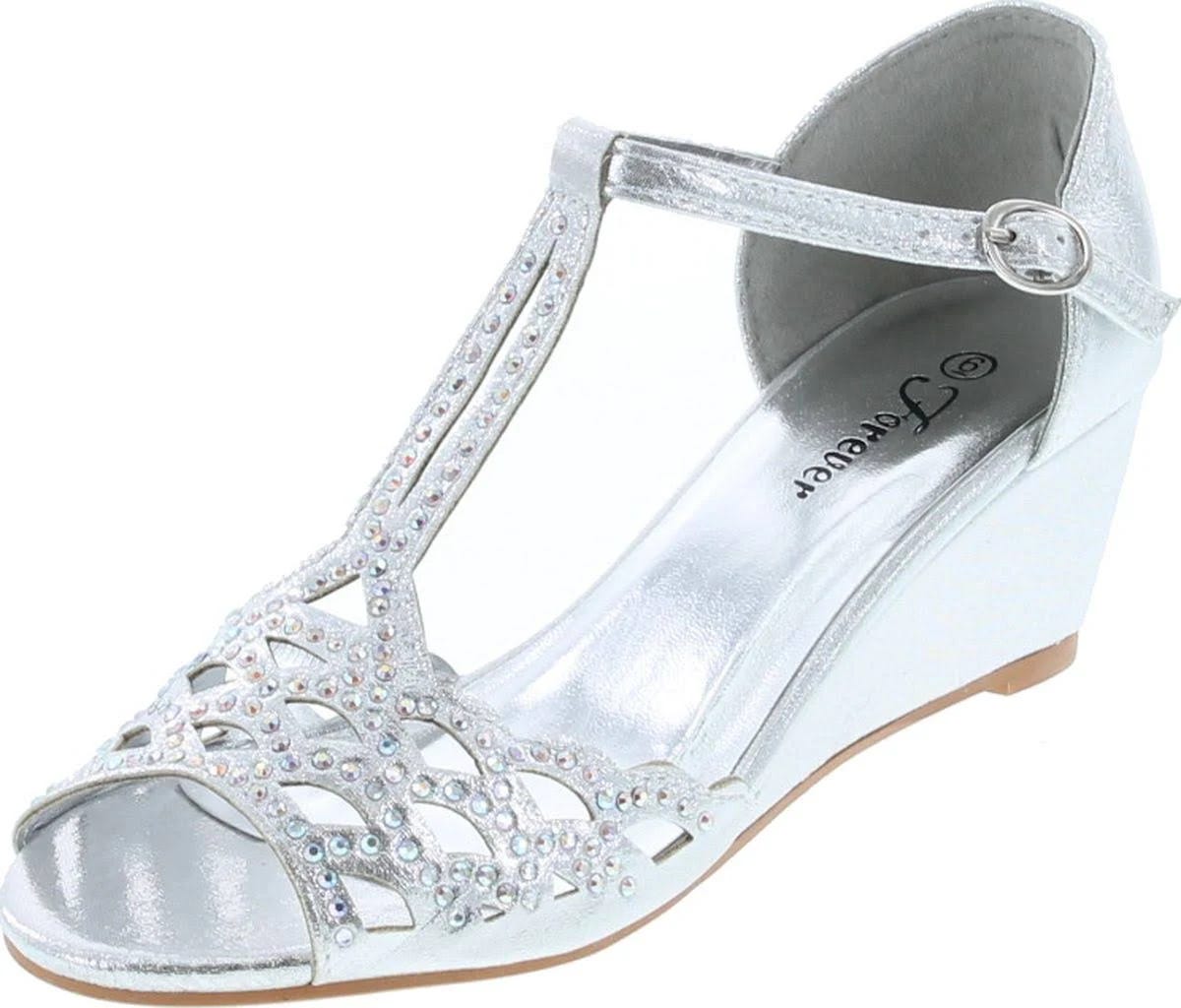 Silver Rhinestone Peep Toe Cut Out Ankle Strap Low Wedge Sandals | Image
