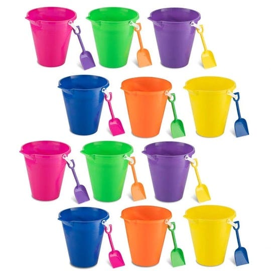 4es-novelty-1-dozen-beach-sand-pails-and-shovels-9-inch-assorted-colors-sand-1