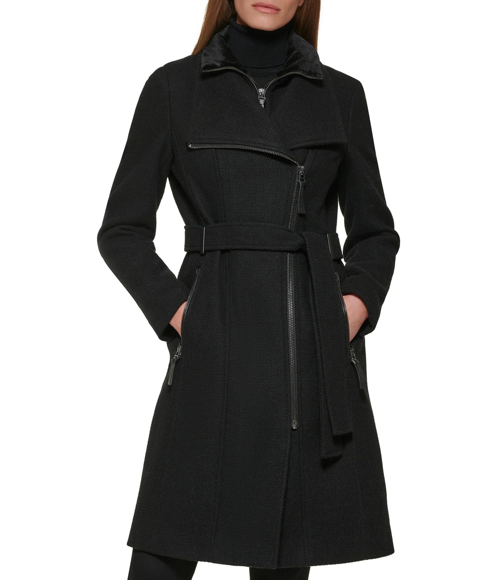 Chic black belted wrap coat for a stylish look | Image