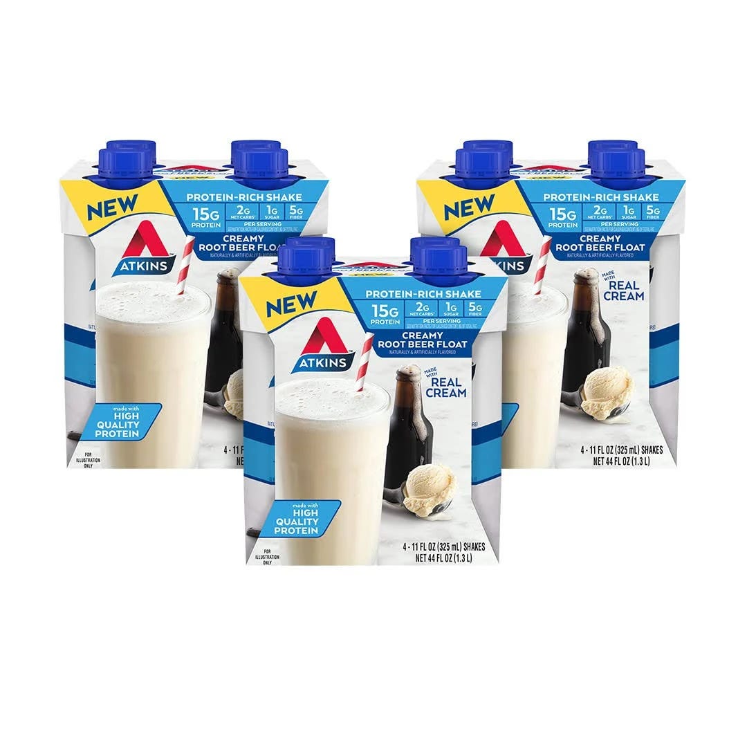 Atkins Protein Shakes: Creamy Root Beer Float, High Protein, Low Glycemic, Gluten Free, 12 Count (3 Packs Each with 4 Shakes) | Image