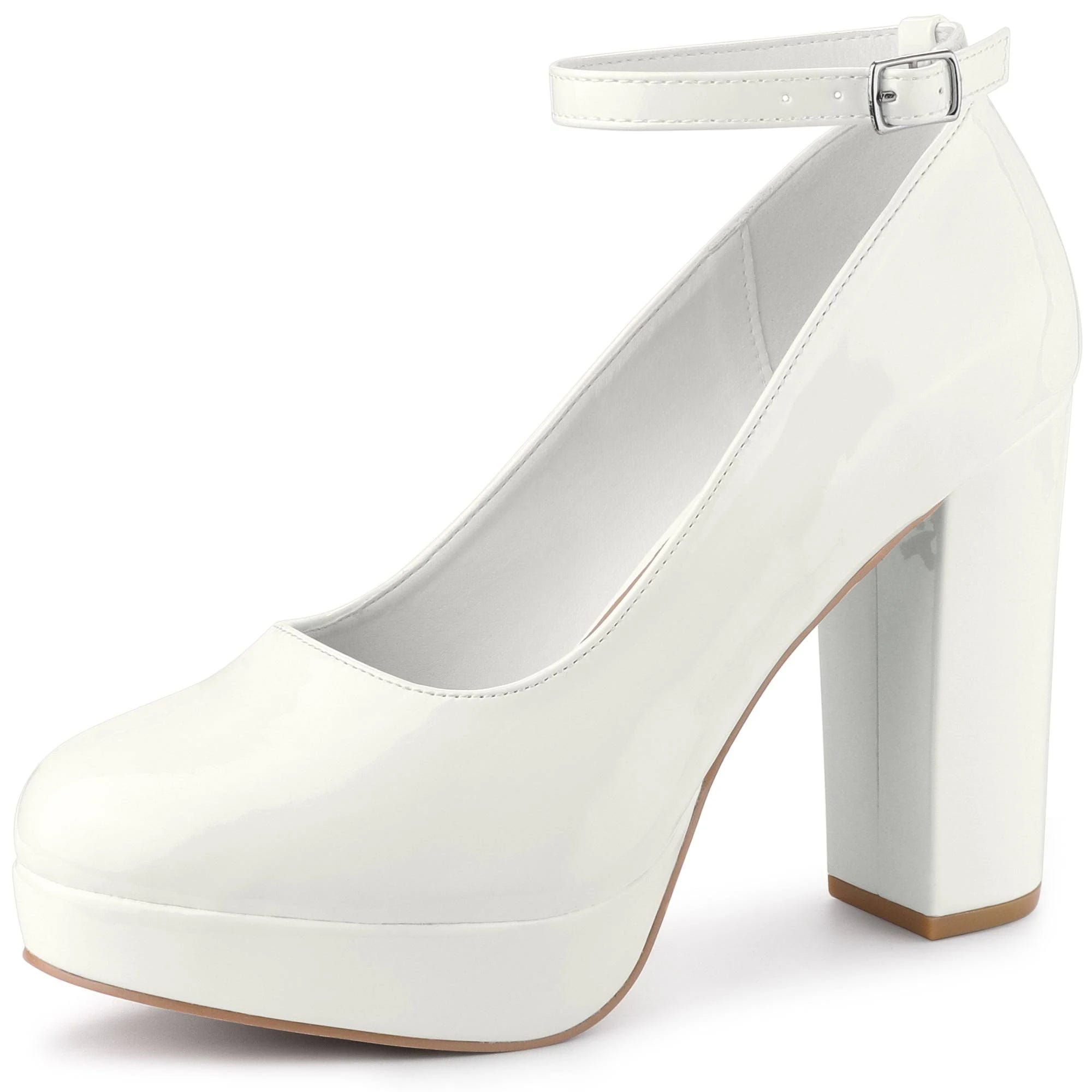 Elegant White Chunky Heels Pumps with Platform | Image