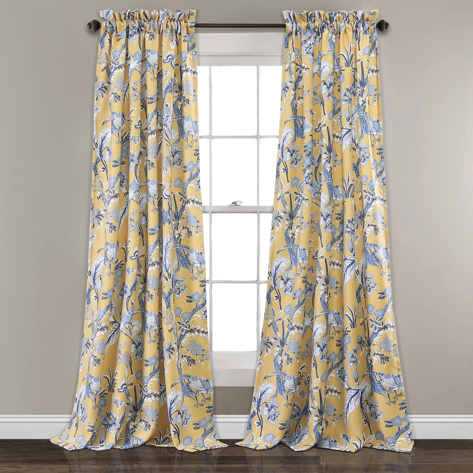 Yellow Light Filtering Window Curtains with Unique Floral Design - Set of 2 | Image