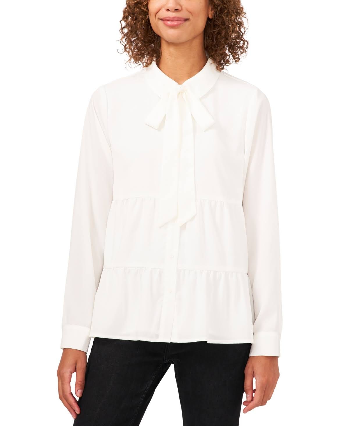 Whisper White Tie-Neck Tiered Blouse | Image