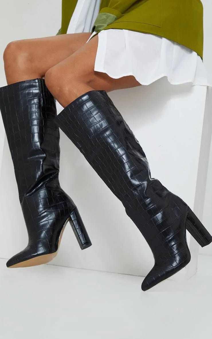 Black Knee High Almond Toe Block Heel Boots | Image