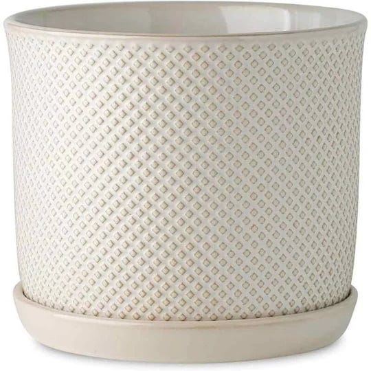 ceramic-planter-pot-with-drainage-hole-saucer-beaded-embossed-design-white-planter-with-separate-tra-1