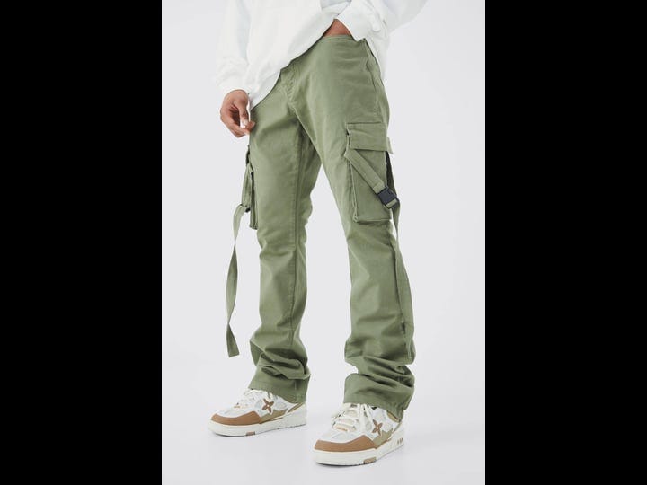 mens-fixed-waist-slim-stacked-flare-strap-cargo-pants-green-1