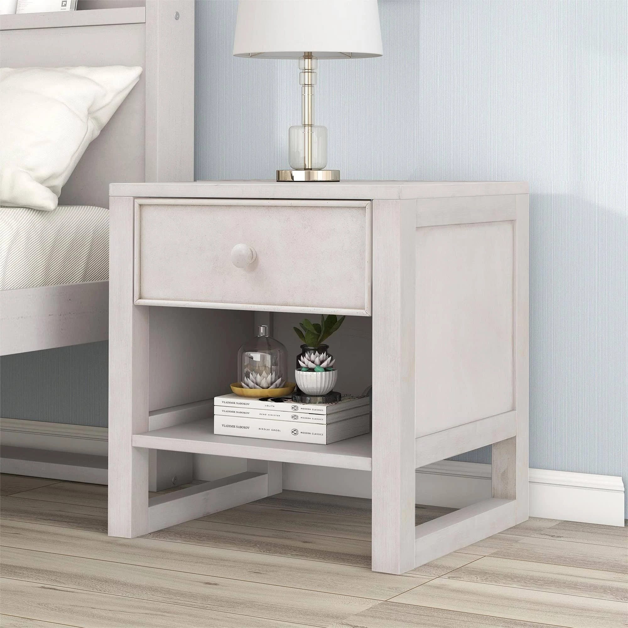 Antique White Modern Rustic Bedside Nightstand with Drawer and Shelf | Image