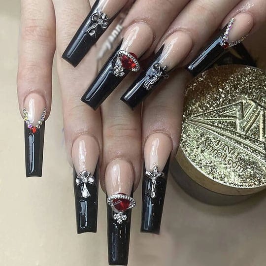 misud-press-on-nails-long-coffin-fake-nails-with-punk-designs-black-french-tip-ballerina-acrylic-nai-1