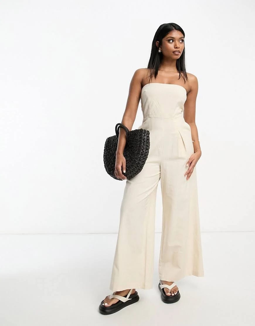 Strapless Beige Cotton Wide Leg Jumpsuit | Image