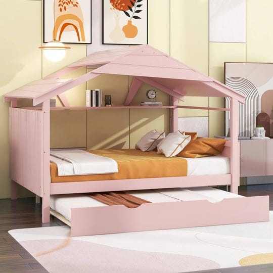 euroco-wood-full-size-house-bed-with-trundle-and-built-in-shelf-low-profile-daybed-for-kids-teens-ad-1