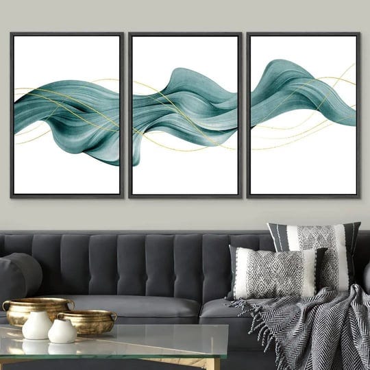 idea4wall-framed-canvas-print-wall-art-set-futuristic-teal-geometric-smoke-wave-abstract-shapes-illu-1