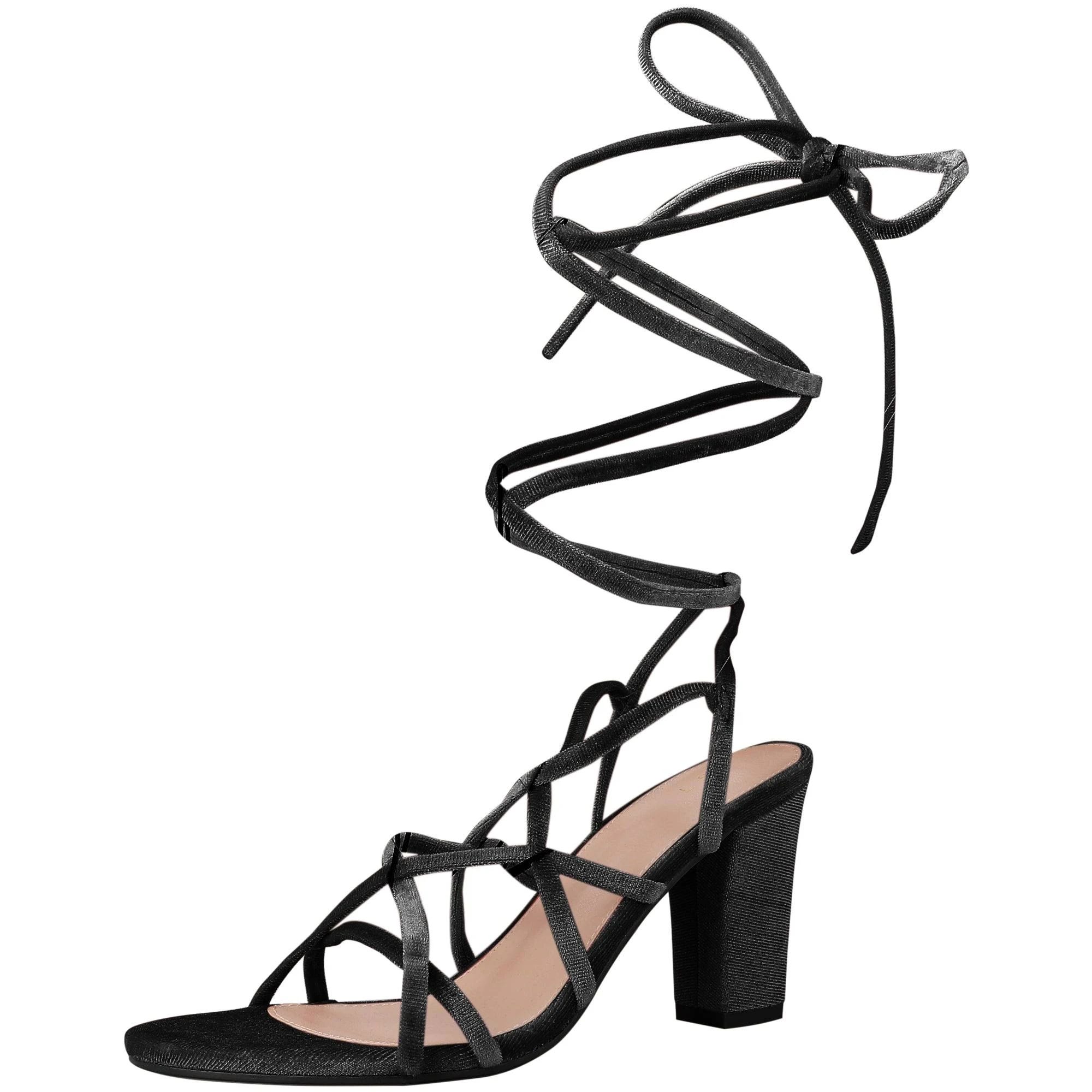 Elegant Lace-Up Black Chunky Heels Sandal | Image