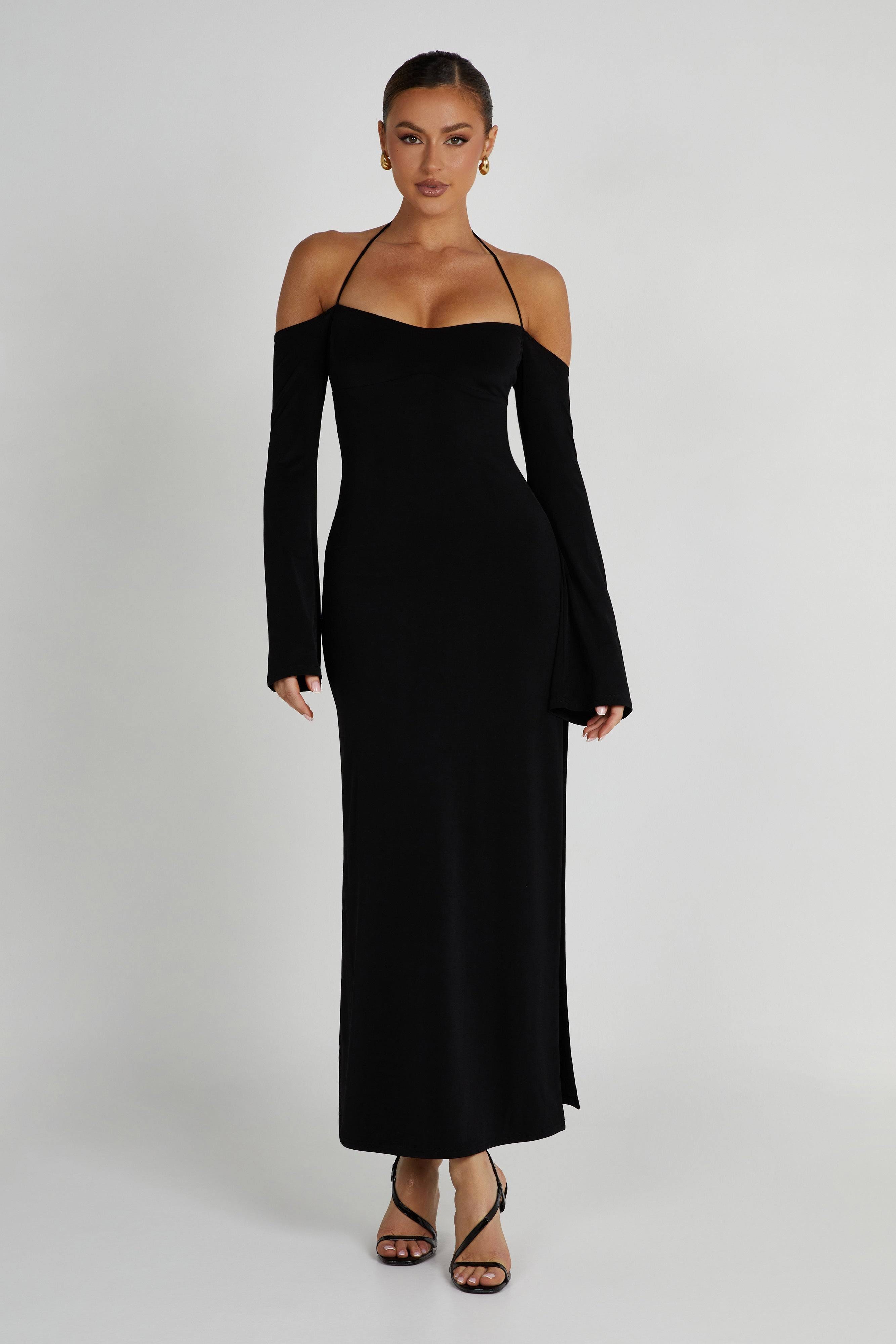 Slinky Off Shoulder Maxi Dress - Black (Size S) | Image