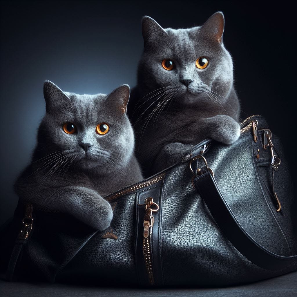 Image displaying two grey cats and a black bag