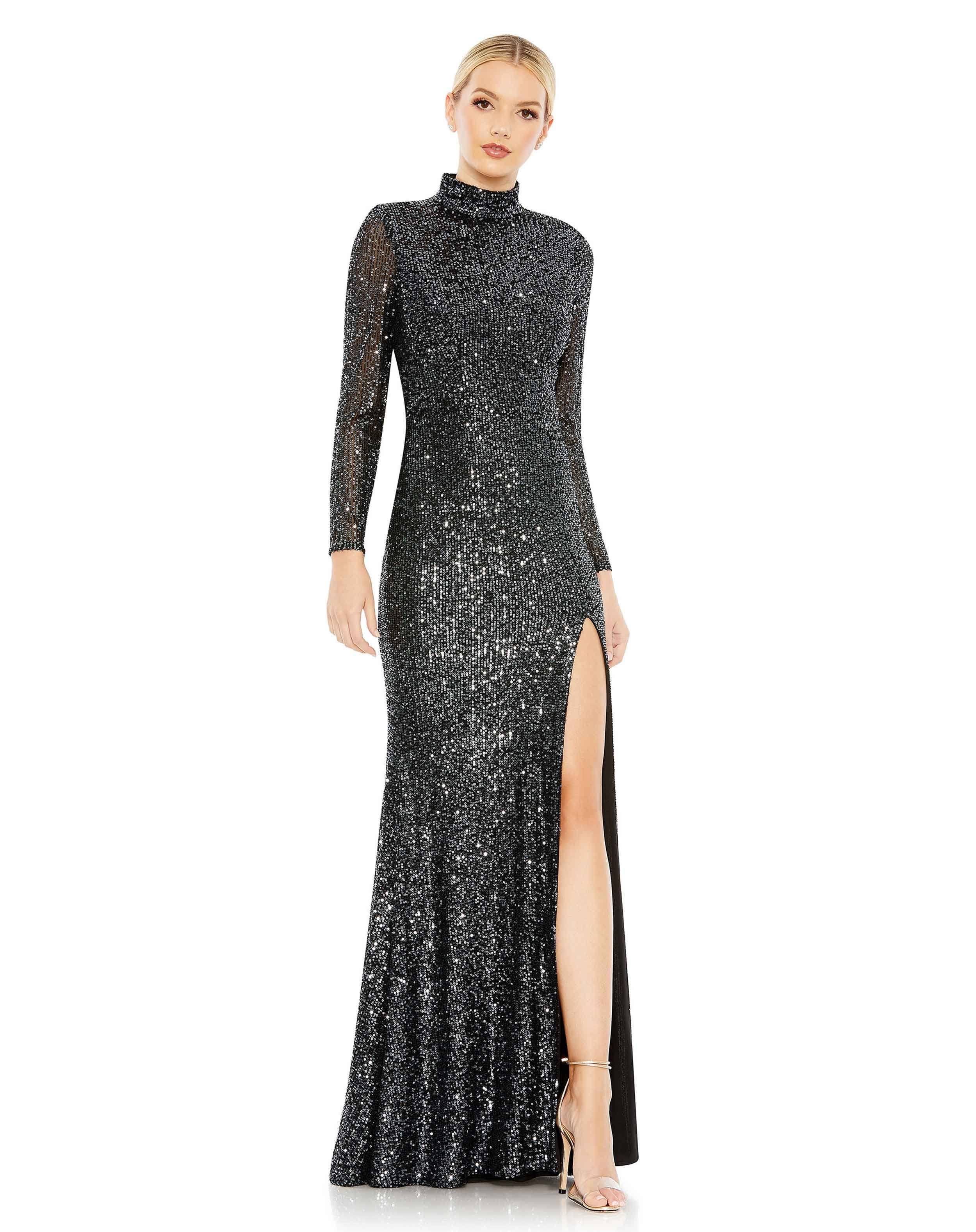 Graphite High Neck Long Sleeve Lace Gown by Ieena for Mac Duggal | Image