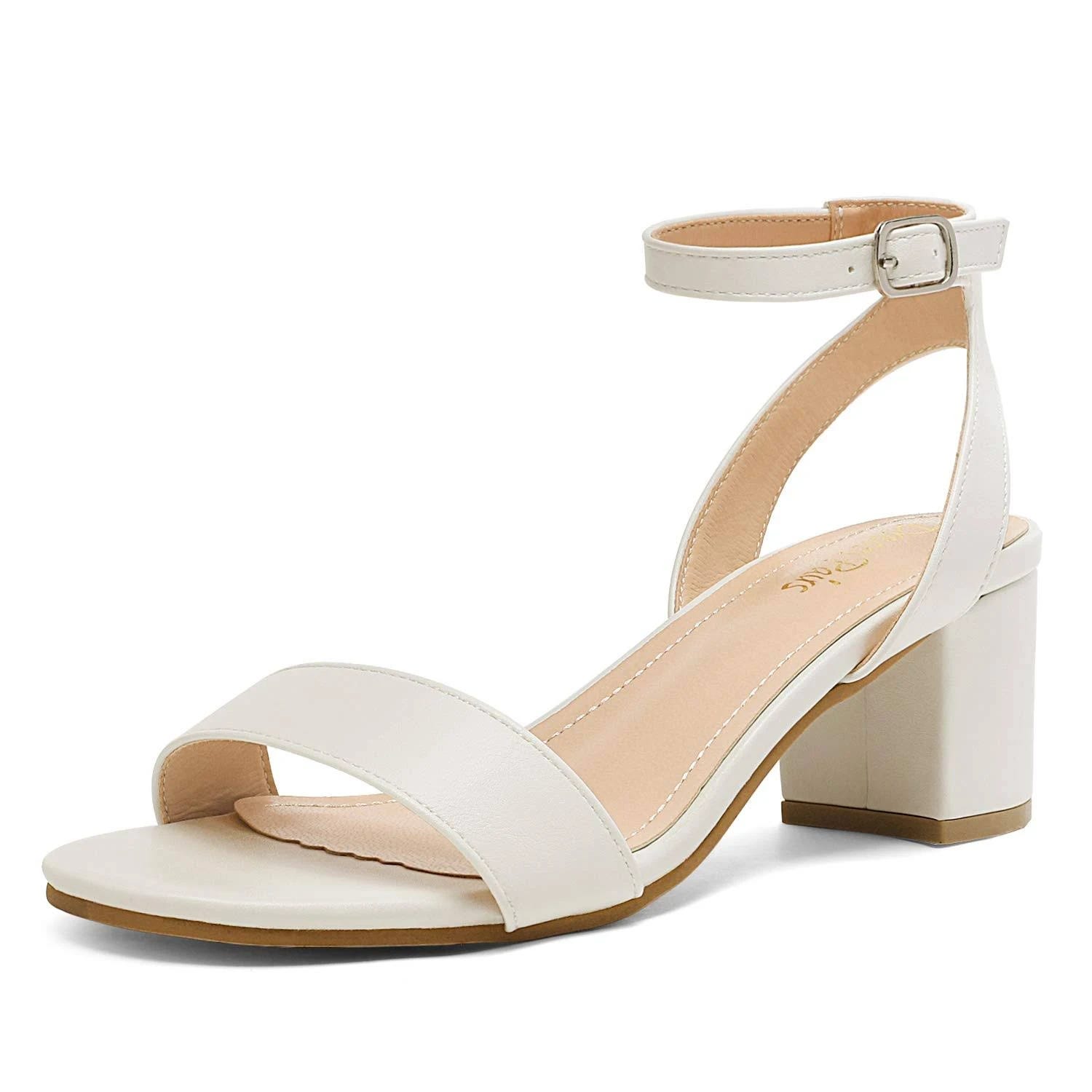 Cute White Chunky Heels with Adjustable Strap and Comfortable Insoles | Image