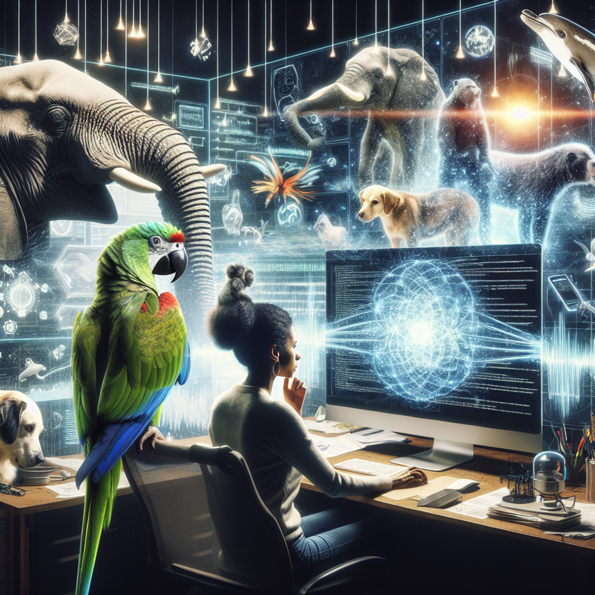 A Black woman scientist in her 30s works on an advanced AI computer model. A green parrot perches on her shoulder, listening closely. Around her, animals like elephants, dolphins, dogs, and chimps emerge from the radiating light of the computer screen.