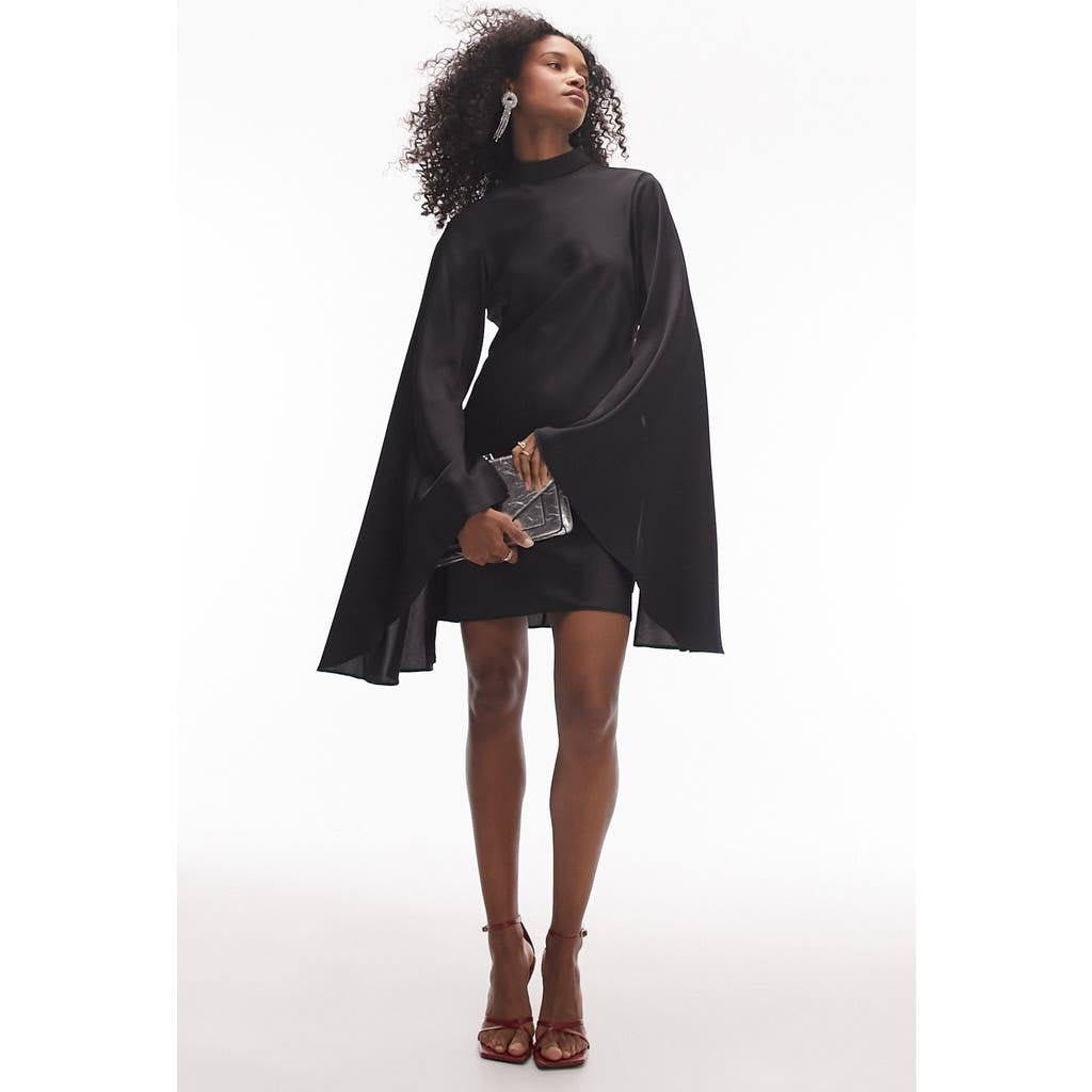 Stylish High Neck Mini Dress with Bell Sleeves - Black | Image