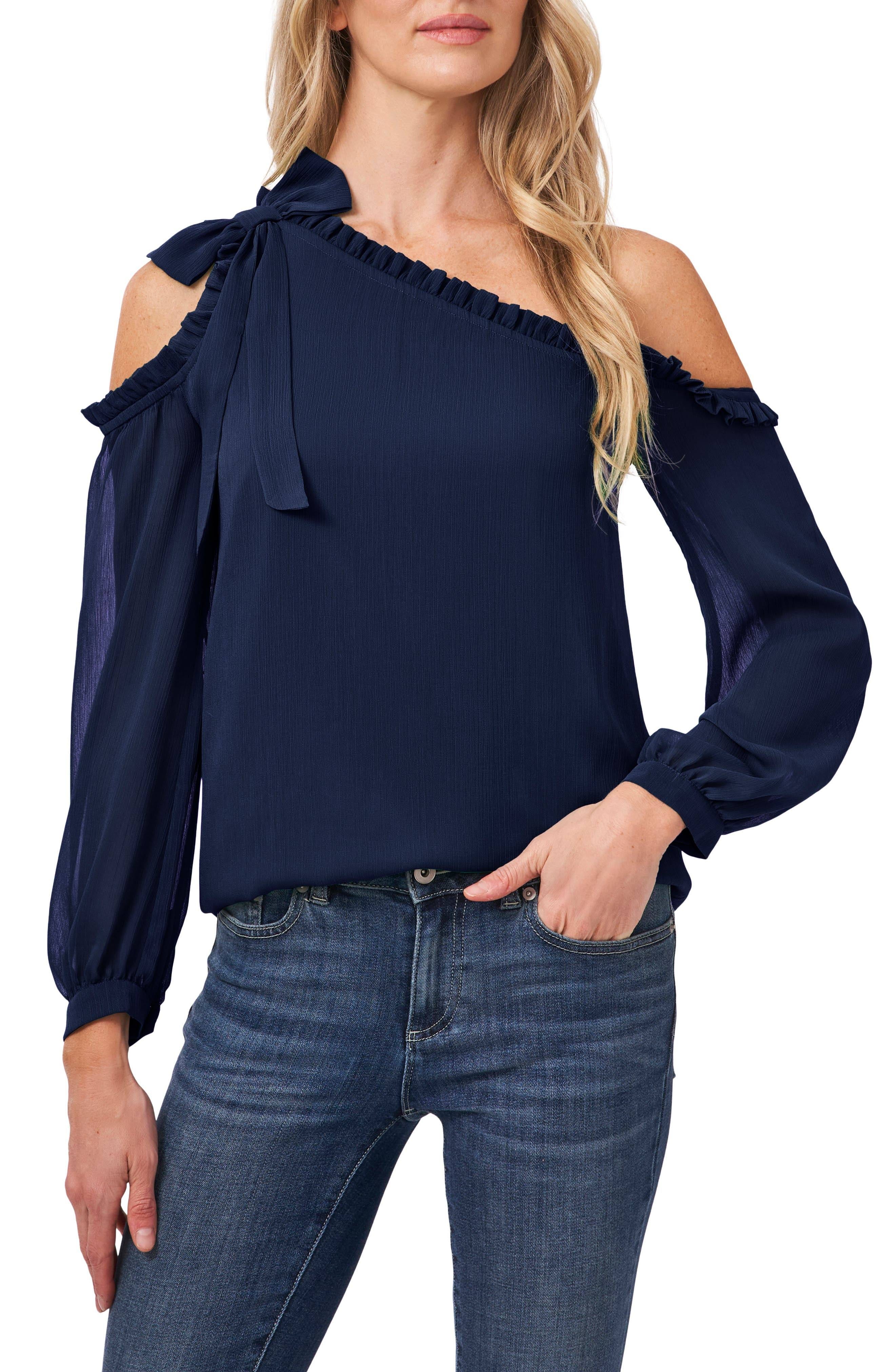 Elegant One Shoulder Navy Top with Charming Bow Detail | Image