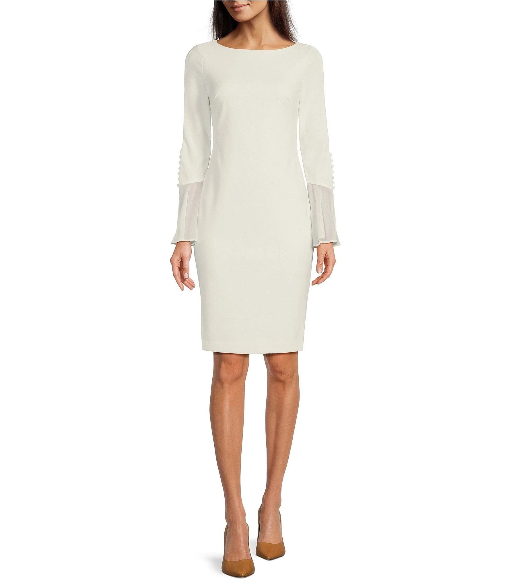 Chiffon Bell-Sleeve Sheath Dress by Calvin Klein - Cream (Size 6) | Image