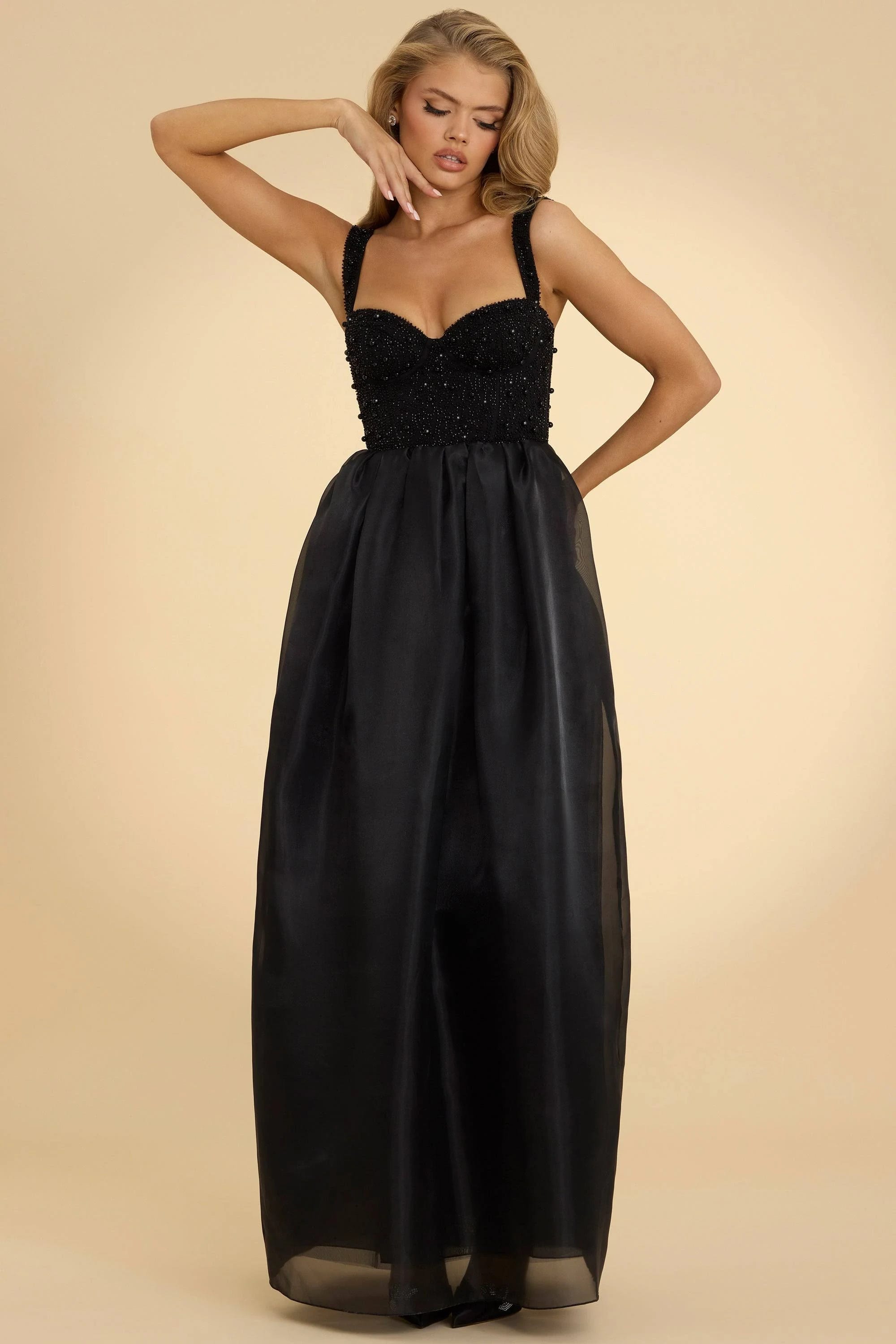 Adjustable Mesh Corset Maxi Dress in Black: Elegant Evening Wear with Hidden Zipper | Image