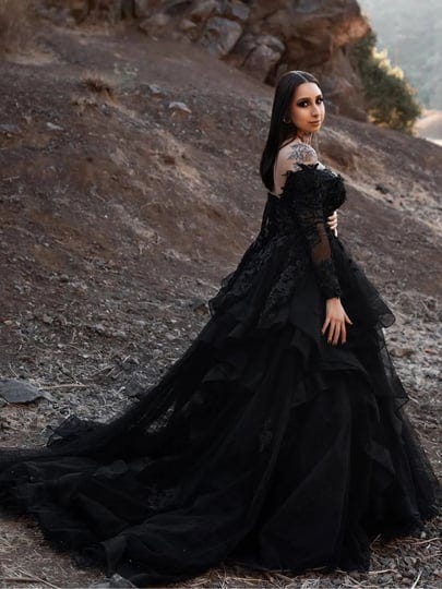 black-gothic-wedding-dress-long-sleeves-applique-tiered-skirt-off-shoulder-v-neck-alternative-bridal-1