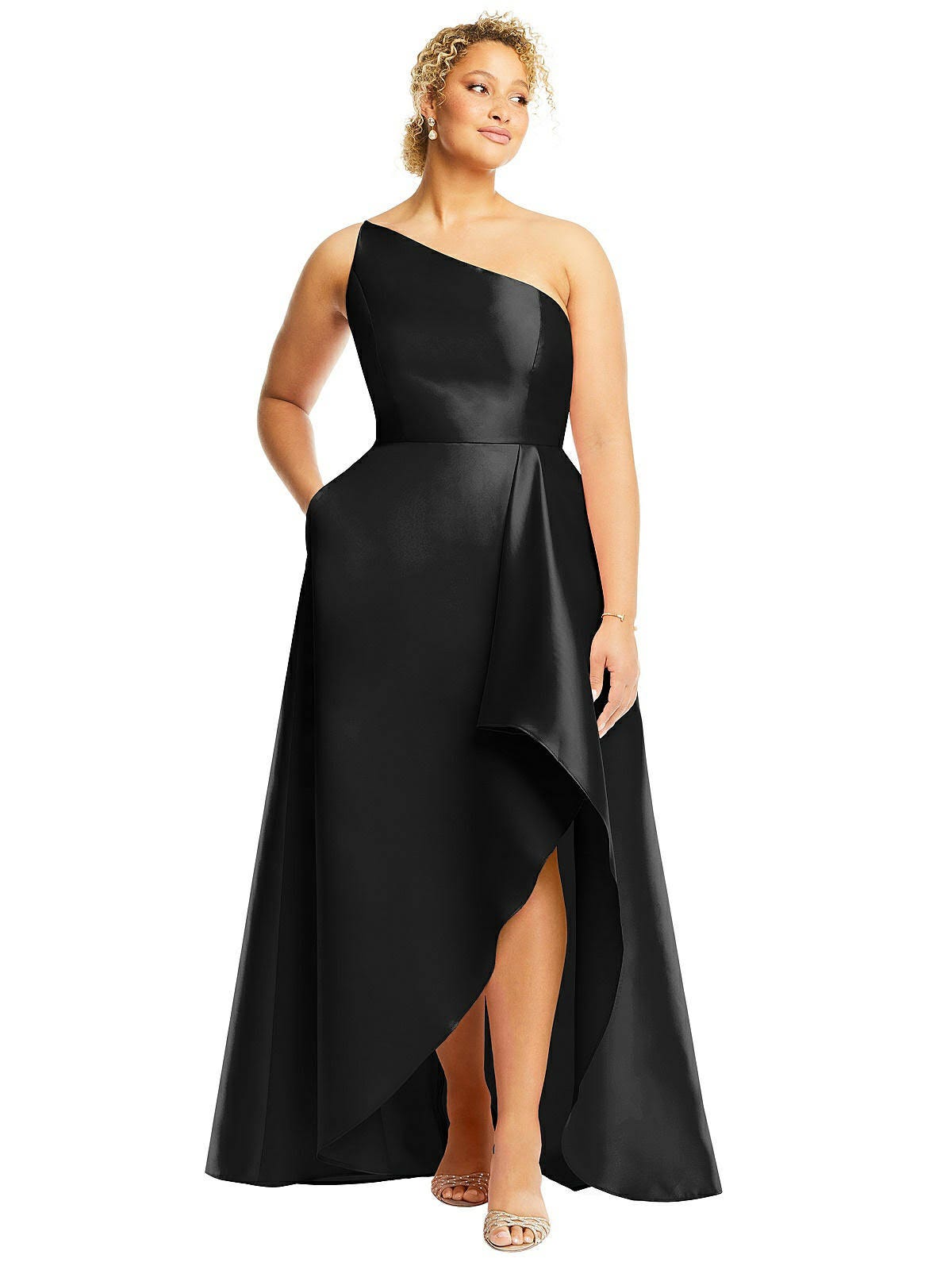 One-Shoulder Black Satin Gown with Draped Front Slit for Weddings | Image