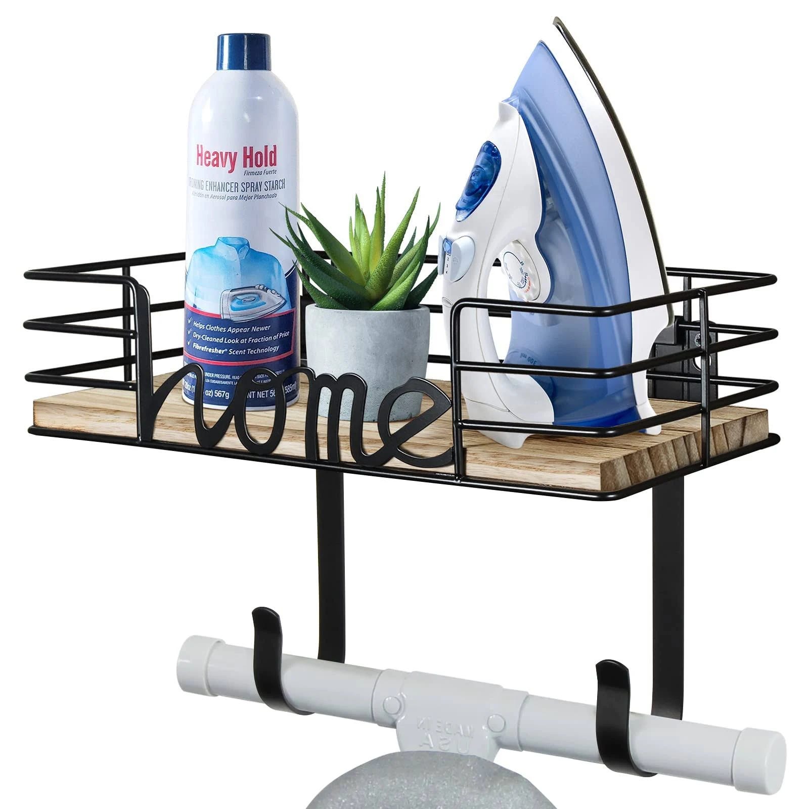 Stylish Ironing Board Hanger with Wooden Base and Large Storage Basket | Image