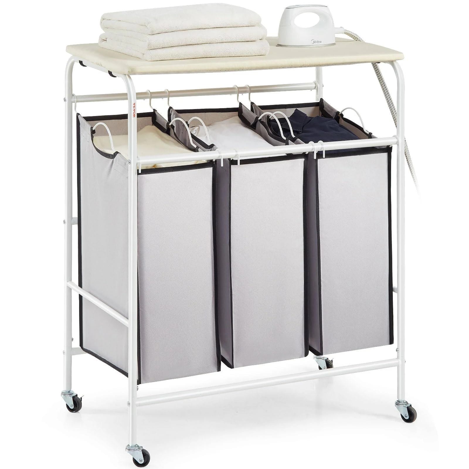 Practical 3-Section Laundry Sorter Cart with Ironing Board | Image