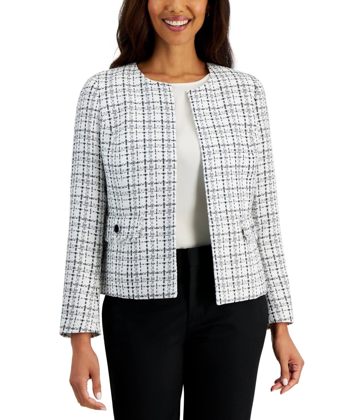 Kasper Women's Tweed Fringe-Trim Open-Front Jacket in Vanilla Ice/Black - Size 8 | Image