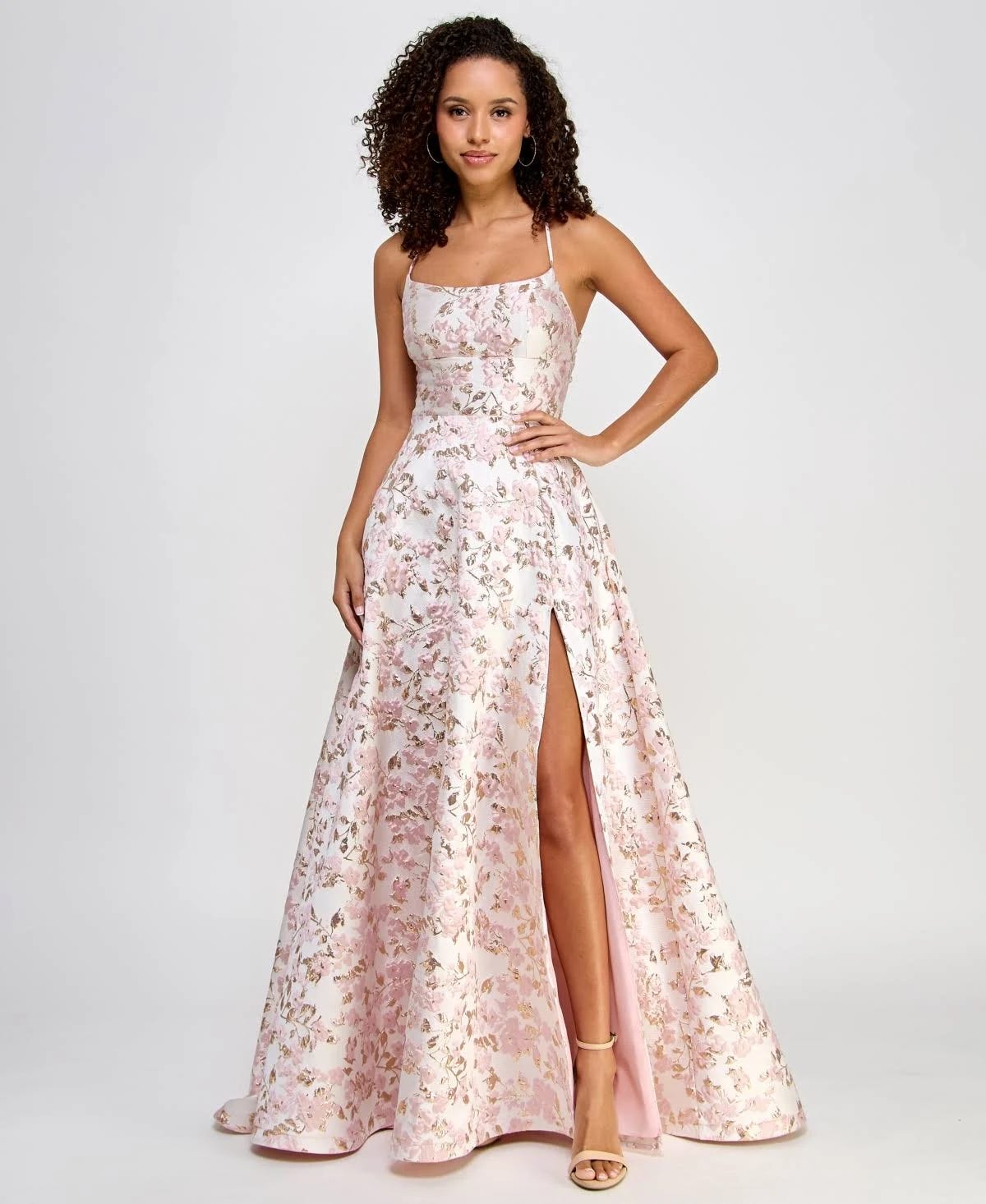 Prom Ready Jacquard Ball Gown with Scoop Neck and Metallic Linen | Image