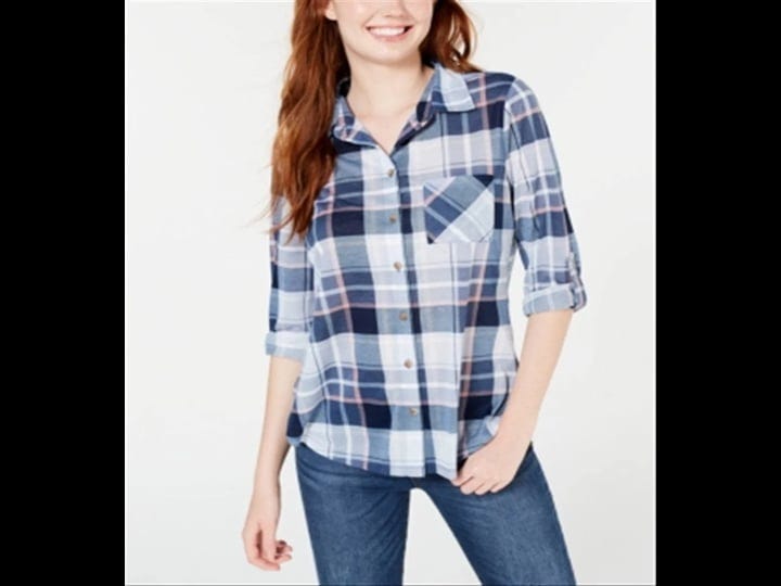 polly-esther-juniors-plaid-roll-tab-shirt-blue-size-large-1
