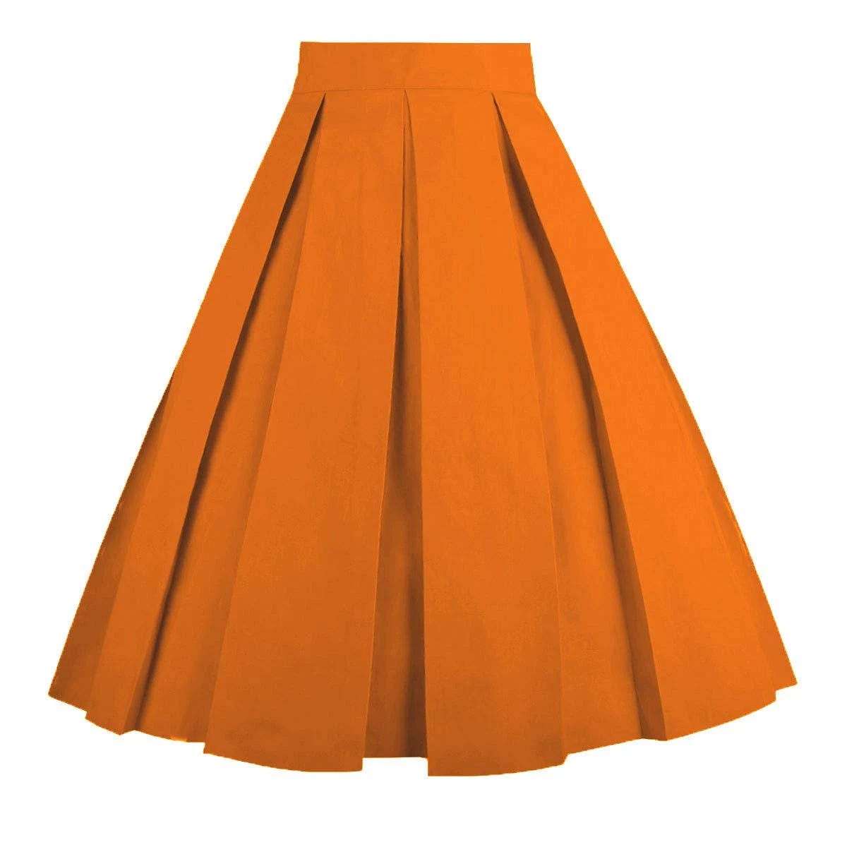 Vintage Pleated Skirt: Orange-L A-Line Mid Skirt with Pockets | Image