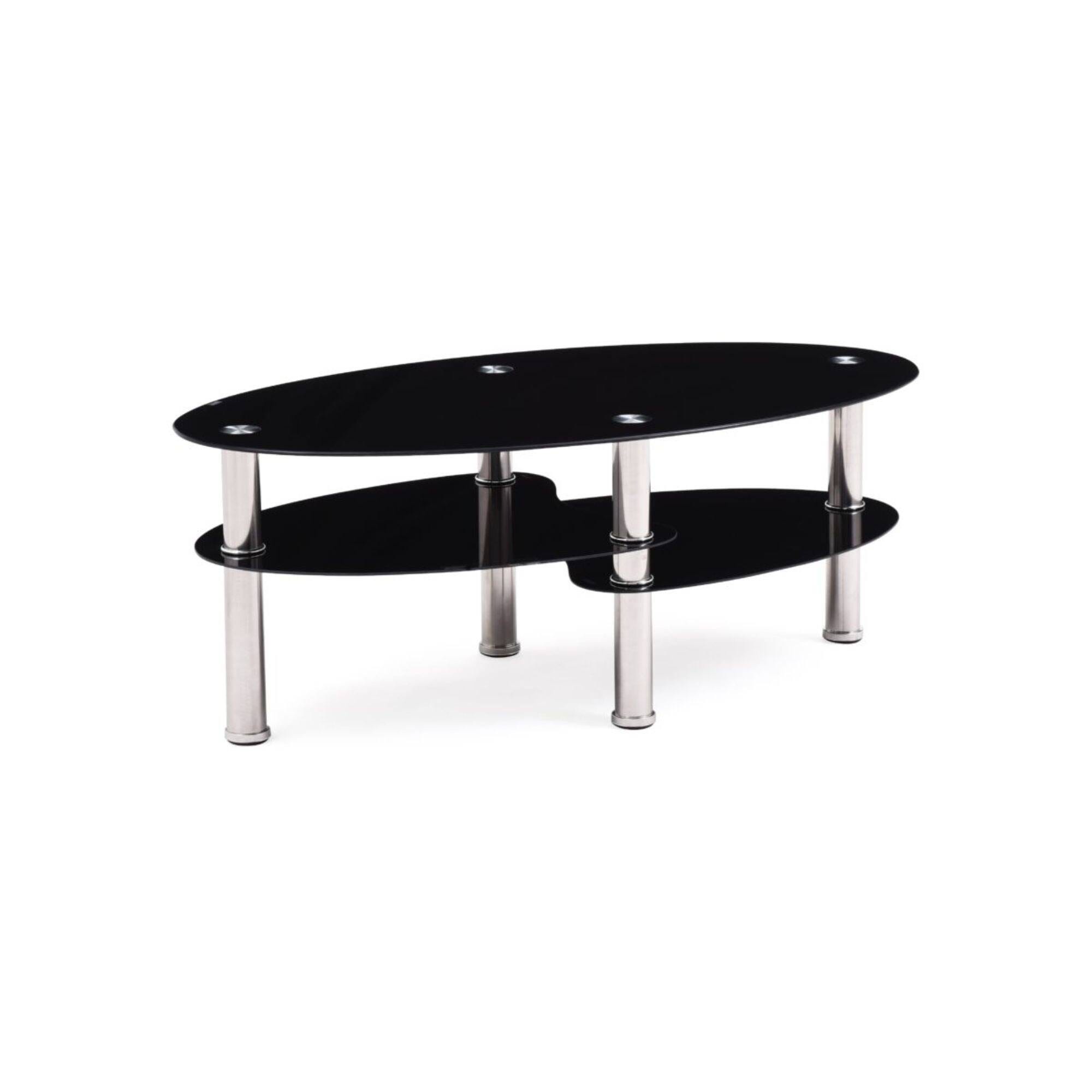 Black and Silver Oval Glass Coffee Table with Chrome Cylinder Support | Image