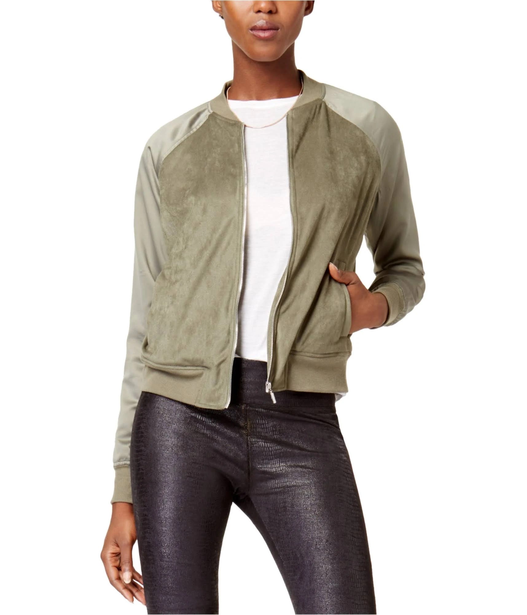 Kensie Womens Faux Suede Green Bomber Jacket with Tuck Lock Closure | Image