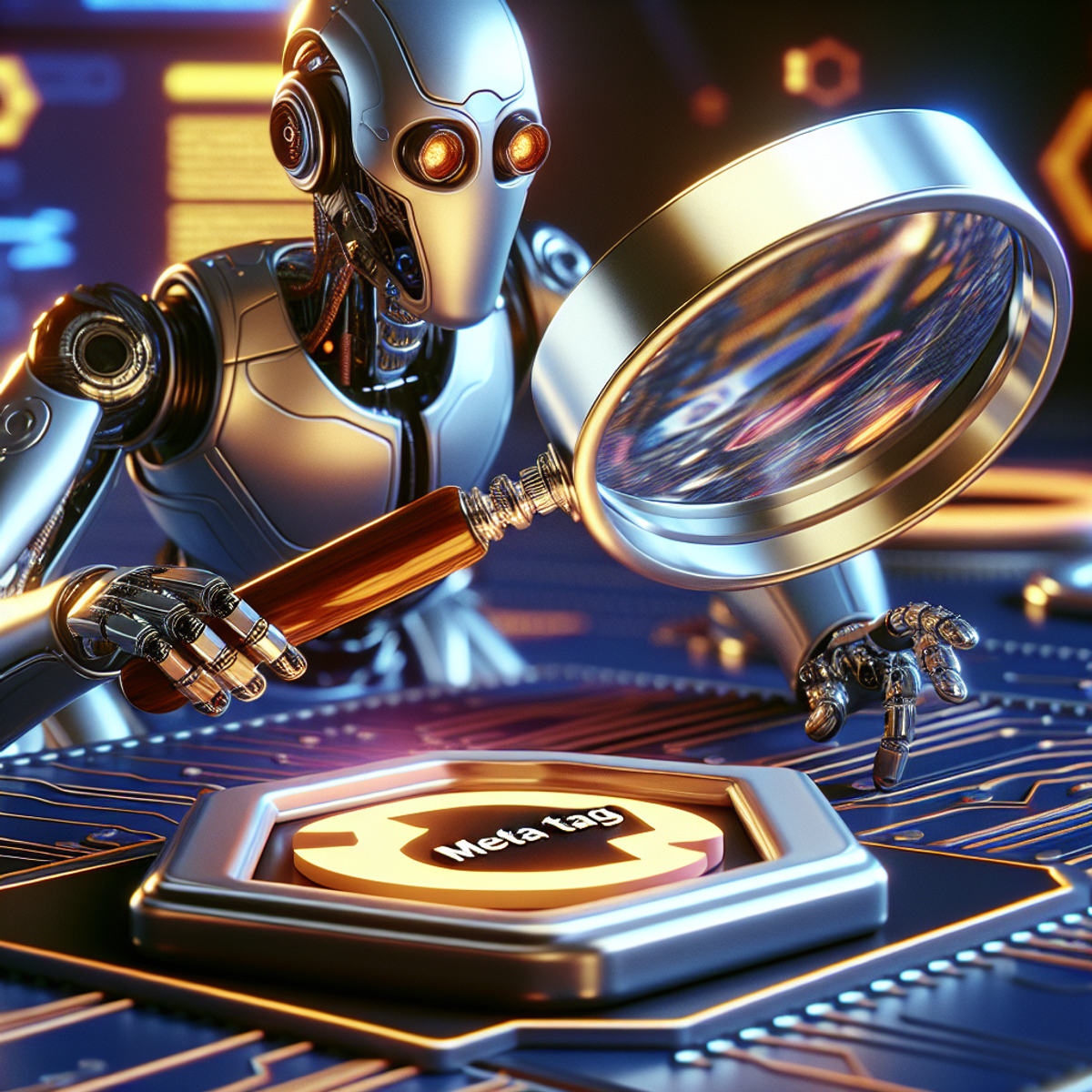 A futuristic robot with metallic skin and advanced tools uses a clear magnifying glass to examine a conceptual meta tag token in a high-tech environment.