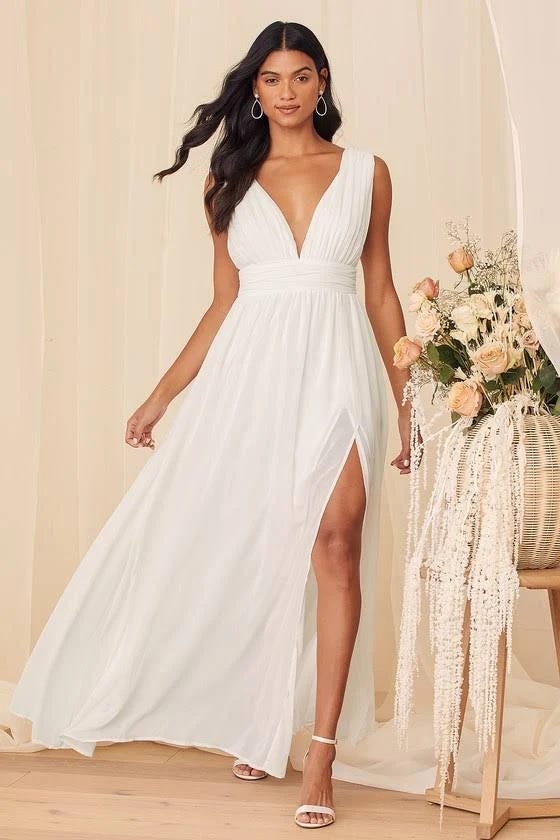 Elegant White Maxi Dress with V-Neck and Side Slit | Image