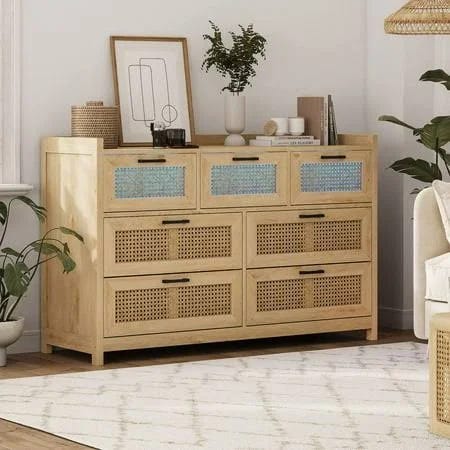 Natural Rattan 7 Drawer Light Wood Dresser with LED Light | Image