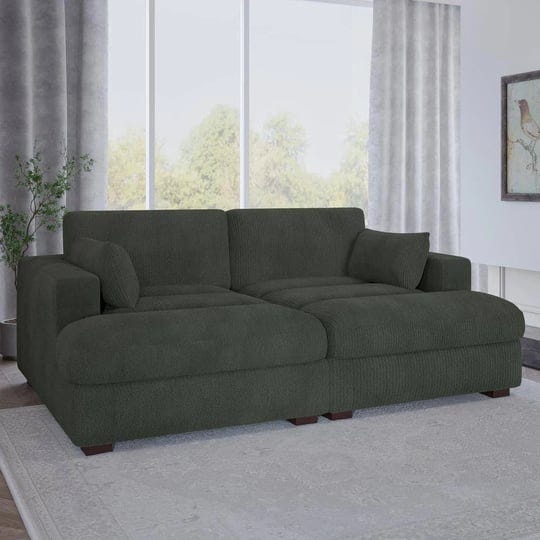 83-9-in-modern-square-arm-corduroy-fabric-upholstered-sectional-sofa-in-green-with-two-pillows-and-w-1