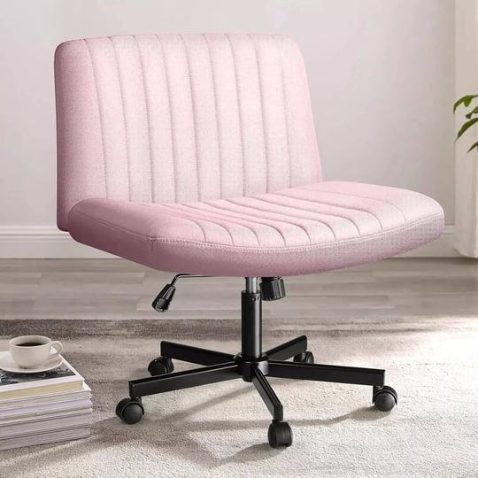 pukami-armless-office-desk-chair-with-wheels-fabric-padded-cross-legged-chair-pink-twill-fabric-by-v-1