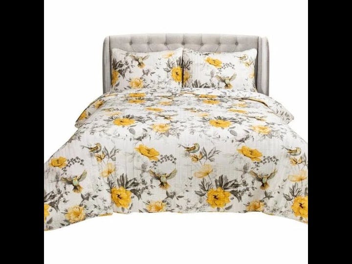 full-queen-3-piece-white-yellow-grey-reversible-floral-birds-cotton-quilt-set-1