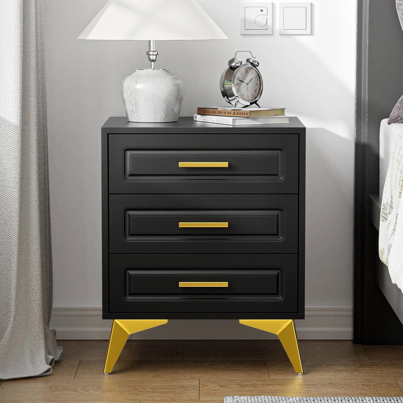 Anmytek Black 3 Drawers Nightstand for Bedside Use | Image