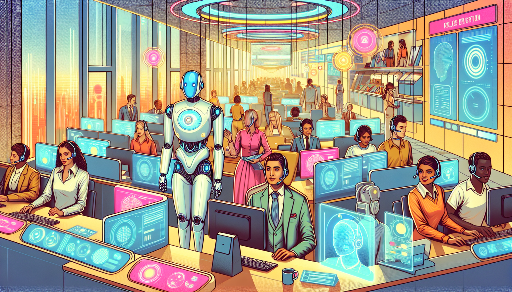 Create an image depicting a futuristic customer service center where AI-driven robots and holographic assistants efficiently help customers. The scene should be bright and modern, with clean lines and advanced technology, including touchscreens and floating interfaces. Show diverse customers interacting seamlessly with the AI to highlight innovation and efficiency.